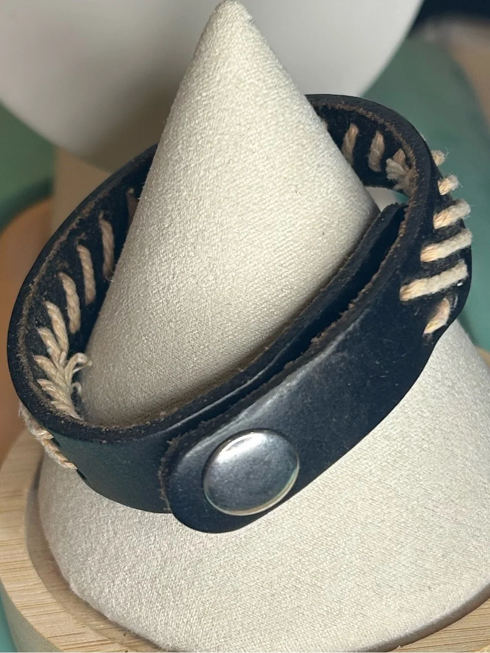 Vintage Black Leather Whipstitch Boho Western Adjustable Snap Bracelet